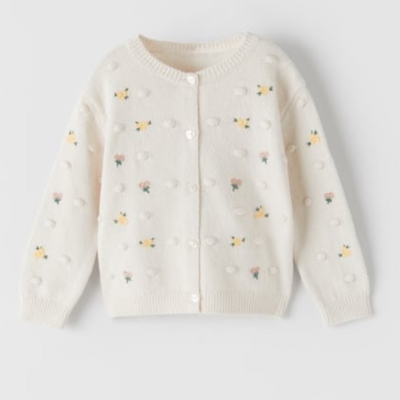 FLORAL EMBROIDERED Ecru ZARA 18/24m popcorn knit cardigan - Picture 1 of 4